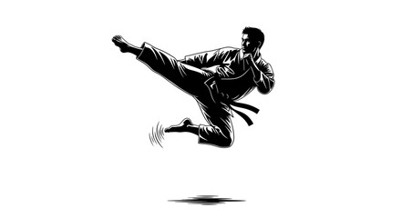 Dynamic Black and White Karate Athlete Mid-Air Kick Illustration