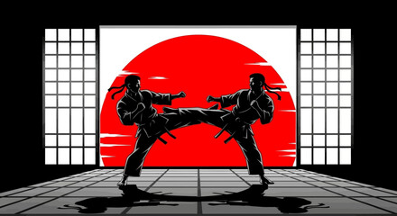 Dynamic Karate Duel: Two Silhouetted Figures in Intense Martial Arts Combat Against a Red Sun