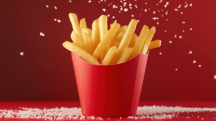 French Fries with Salt in Red Container