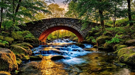 Rustic stone arch bridge over a flowing stream in a lush forest. Sunlight streams through the arch