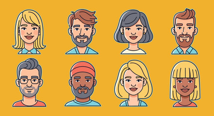 Eight Diverse Cartoon Character Portraits: Smiling Men and Women with Varied Hairstyles and Skin Tones