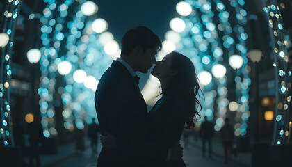 romantic couple silhouette, city lights bokeh, intimate couple embrace, dreamy romantic night, cinematic love scene, atmospheric romance 32K Revolution 