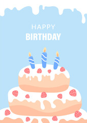 Birthday birthday cake greeting card with a place under the text. Vector illustration of a cake with candles, hand-drawn. A poster for a holiday, an invitation to a party, an anniversary, an event.