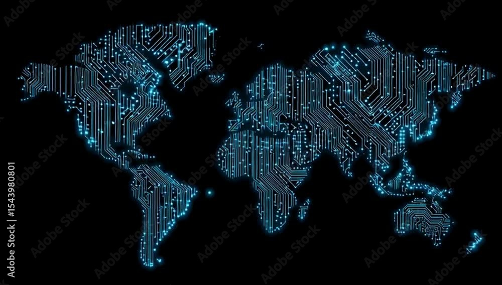 Poster digital map of the world with circuit patterns representing global connectivity, illuminated in blue