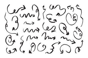 A collection of elegant arrows, hand-drawn in black marker, with curved lines and wavy pointers. Calligraphic zigzag arrows in vector for ornaments, infographics, gliders and school materials.