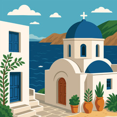 Flat vector illustration of a classic Greek island scene featuring whitewashed buildings, blue domes, terracotta pots, and a deep blue sea with mountains in the background