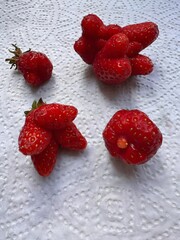 Group of Naturally Deformed Organic Strawberries on White Textured Paper