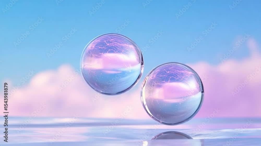 Poster Celestial Spheres: Two shimmering spheres float serenely against a backdrop of pastel clouds and an azure sky, inviting the viewer to ponder the beauty of the universe.