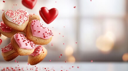 A delightful arrangement of heart-shaped cookies on a table, capturing the essence of love and celebration during Valentine's Day with a whimsical and festive atmosphere.