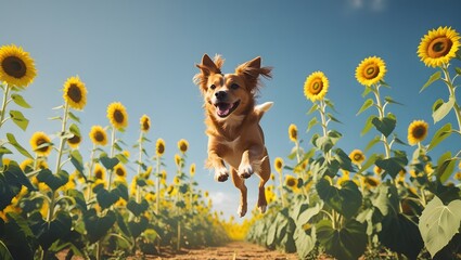 Sunflower Jump – Happy Dog Leaping Through Summer Blooms