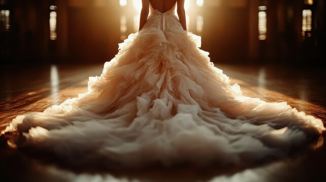 A stunning bridal gown displaying intricate ruffles and a dramatic train, showcasing elegance and poise in a beautifully lit space for a captivating bridal moment.