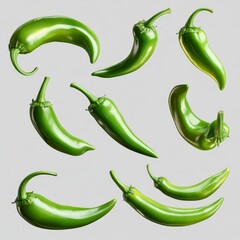 Collection of vibrant green jalapeño peppers floating, isolated on white background