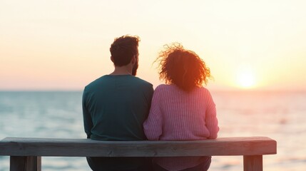 A couple sits closely together on a bench, enjoying a beautiful sunset by the ocean, symbolizing love, tranquility, and the beauty of shared experiences.