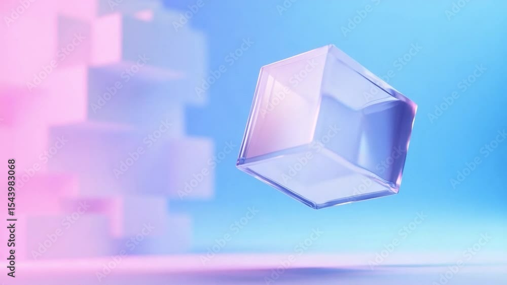 Poster Abstract Geometric Cube: A captivating perspective showcases a modern, translucent cube, emanating a futuristic aura amidst a gradient of soft colors and abstract shapes.