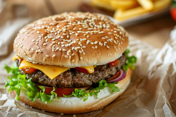 Tasty hamburger with lettuce, tomato, and cheddar