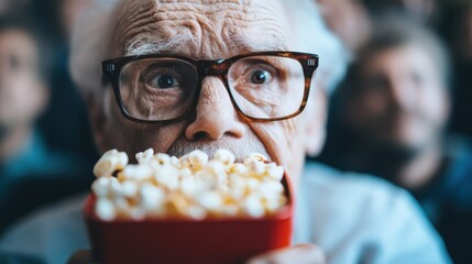 An elderly man with glasses gazes excitedly at a movie screen while holding a box of popcorn, showcasing the joy and nostalgia of cinema experiences shared across generations.