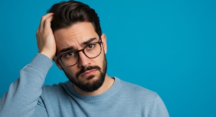 Obraz premium Frustrated Young Man with Hand in Hair, Studio Portrait Against Blue Background