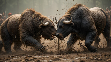Bear and bull tugofwar, dramatic scene, muddy ground, intense competition