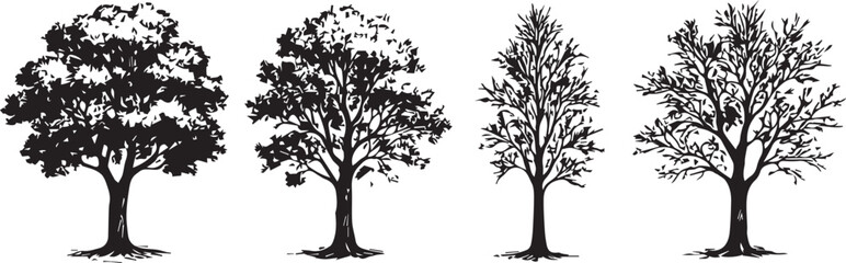 Tree silhouette vector collection, Black ink drawing