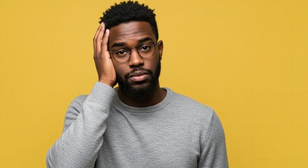 Obraz premium Portrait of a Thoughtful Young Man with Hand on Head Against Yellow Background