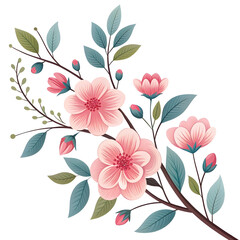 Image is a watercolor illustration featuring a branch adorned with vibrant flowers and leaves. The flowers are predominantly pink with delicate petals, some of which have subtle gradients of white and
