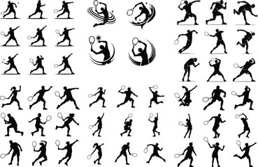 Tennis Player Serving Icon Silhouette Set – Sport Action Vector Pack Silhouette of Tennis Serve – Athlete Pose Icon Collection