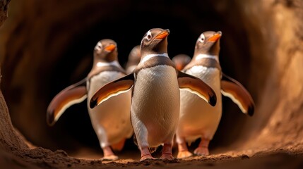 A charming trio of penguins waddles out of a tunnel, their playful expressions capturing the essence of joy and adventure in their natural habitat, embodying the spirit of exploration.