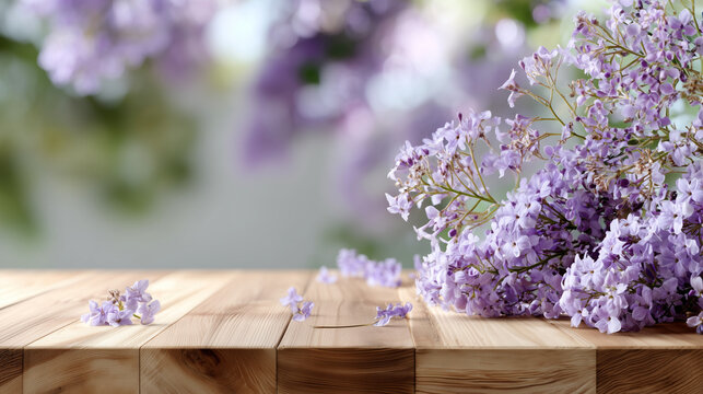 wooden table on spring purple flowers background blur


