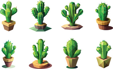 A set of Lowpoly 3D cactus plants on white background
