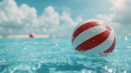 A vibrant red and white beach ball floats gently on the clear blue surface of a swimming pool, capturing the essence of summer fun and relaxation under the sun's rays.