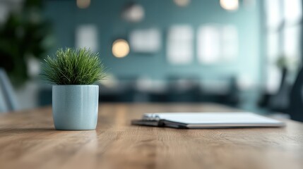 A serene indoor workspace featuring a small potted plant and a notebook, showcasing a blend of nature and minimalism that promotes creativity and a calm work environment.