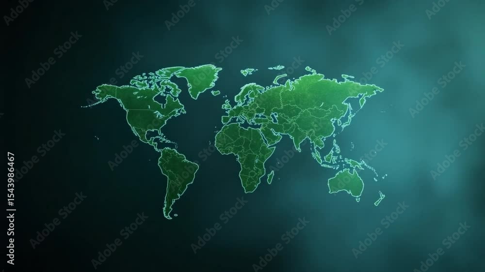 Poster Digital Green World Map: A digitally rendered green world map set against a gradient blue background, symbolizing interconnectedness and global perspectives.