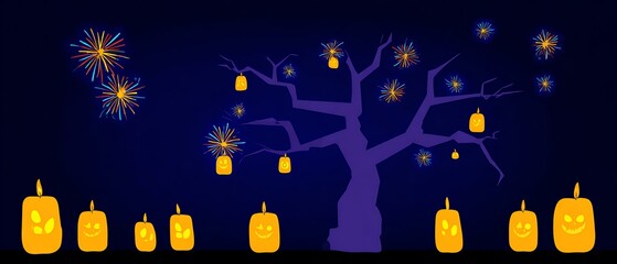 Halloween Night Scene with Fireworks and Jack-o'-lanterns