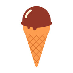 Chocolate ice cream in a waffle cone. For summer, dessert, sweet treats, and vacation concepts. Flat vector. Isolated on white background.