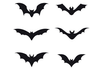 Flying black bats, isolated silhouettes on white background, vector illustration, halloween creature, spooky symbol, vampire bat design, scary bat shapes, bat wings collection.