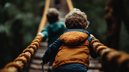 Obraz premium Two children are seen climbing a rope bridge deep within a lush forest, exuding a sense of adventure, exploration, and connection with nature during their playful journey.