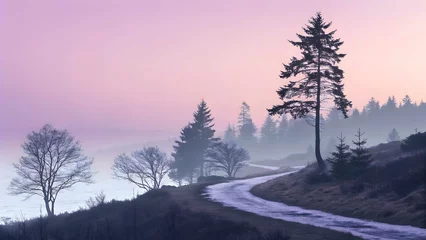 Fotobehang Misty mountain road landscape with trees at sunrise scenery © Eamin