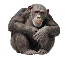 Realistic Chimpanzee Portrait Detailed Fur Sitting Pose Powerful Animal Wildlife Photography Studio Shot Dark Background Primate Mammal  Nature Image High Resolution Ape Zoo Gray Black Brown