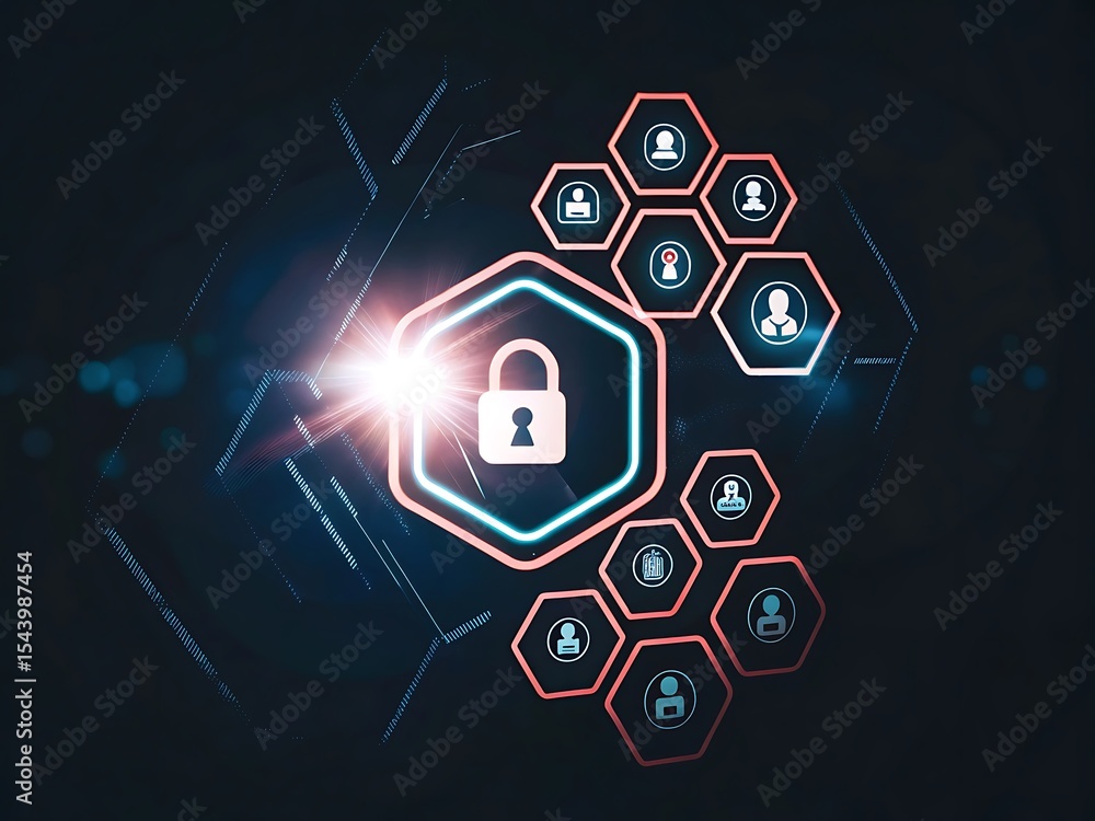 Poster futuristic digital security concept with a central padlock surrounded by glowing icons. the image re