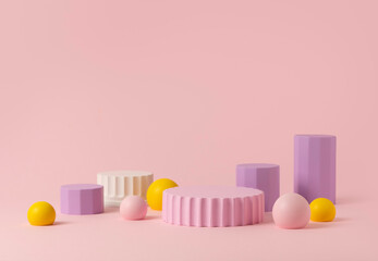 Minimalist geometric scene for product presentation made with pastel podiums and spheres on soft...