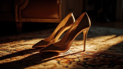 Golden High Heels in Sunlight on a Carpet