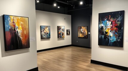 Modern abstract paintings displayed on gallery walls