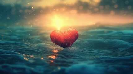 Fototapeta premium Heart of the Sea Sunset: Romantic, Serene Water Waves in Soft Light