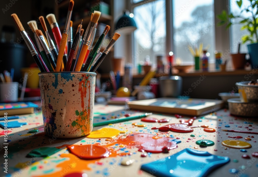 Poster artistic workspace with paintbrushes and colorful paint splatters on a table