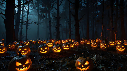 A haunted forest at midnight with dozens of floating, demonic pumpkins with evil carved faces and glowing eyes.