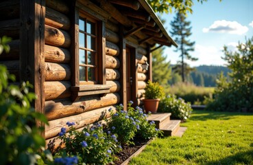 Cozy wooden cabin with lush garden and vibrant flowers in a peaceful countryside setting