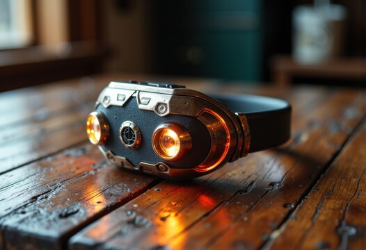 Futuristic virtual reality headset with glowing orange lights on a wooden table
