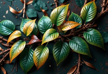Naklejka premium Vibrant green and yellow leaves arranged on a dark background with scattered brown foliage