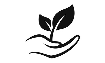 Obraz premium Vector illustration, hand leaf logo template, eco friendly symbol, plant based design, nature graphic, organic emblem, sustainable growth icon, herbal remedy, wellness care, green solution.