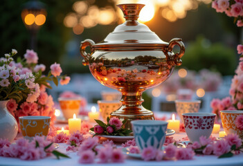 Elegant trophy surrounded by candles and flowers at sunset outdoor celebration